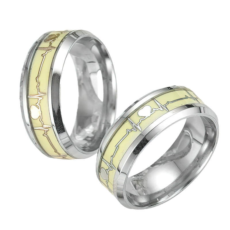 Gothic stainless steel heart cardio line luminous rings with gold and white design, featuring a green glow effect.