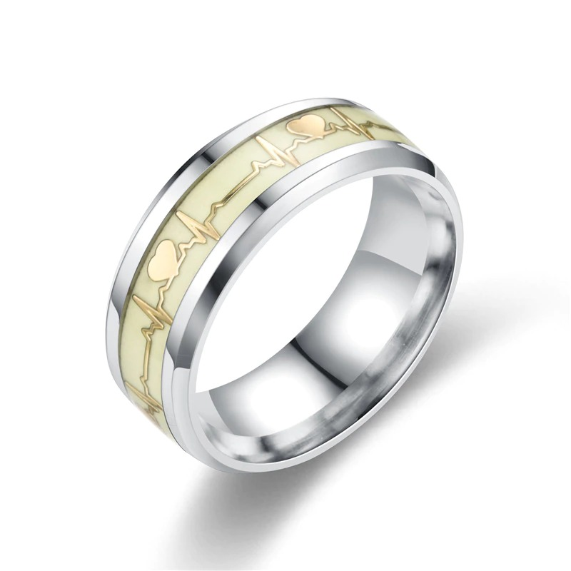 Gothic stainless steel heart cardio line luminous ring with gold and white design, perfect for unisex jewelry lovers.