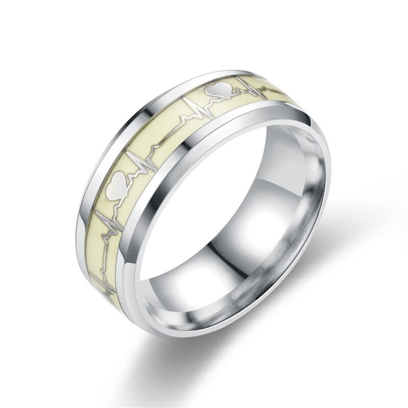 Gothic stainless steel heart cardio line ring with luminous glow in gold and white shades, stylish unisex jewelry.