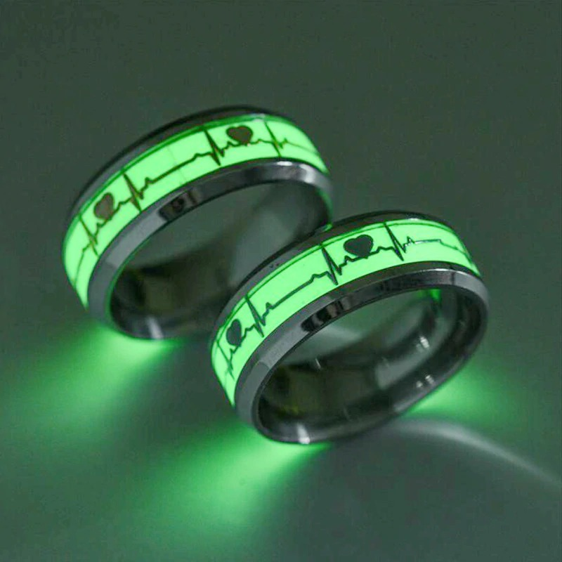 Gothic stainless steel heart cardio line luminous rings glowing green, perfect unisex jewelry for unique outfits.