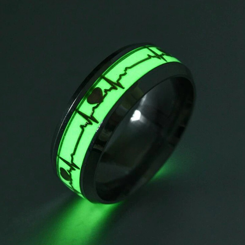 Gothic stainless steel heart cardio line luminous ring glowing green, perfect unisex jewelry for stylish outfits.
