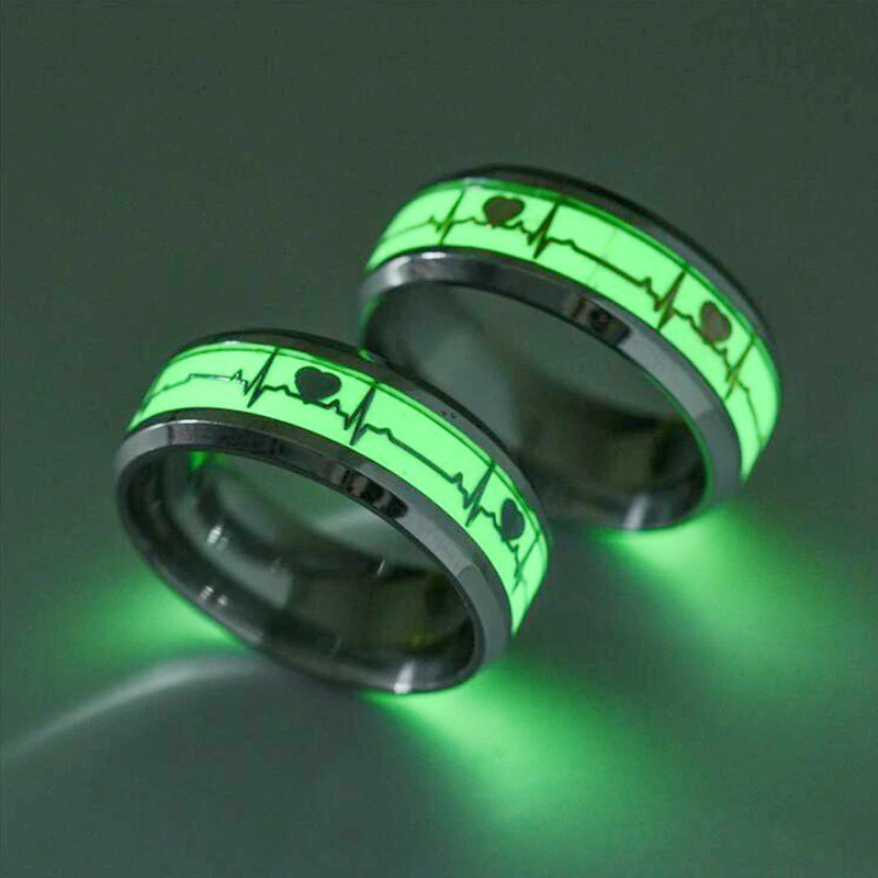 Gothic Stainless Steel Heart Cardio Line Luminous Ring / Green Glow Unisex Jewellery - HARD'N'HEAVY