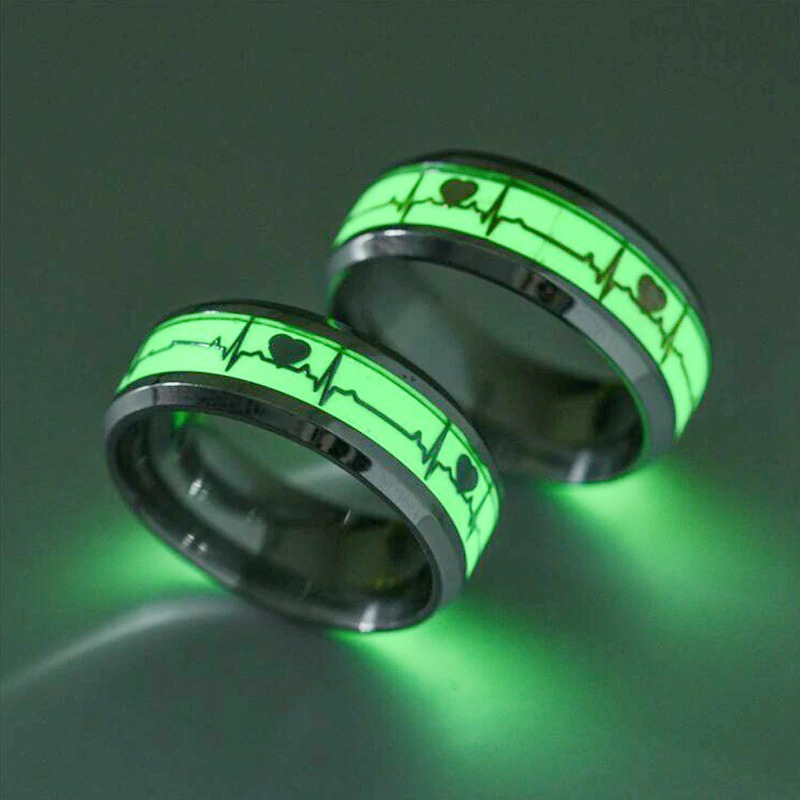 Gothic stainless steel heart cardio line luminous rings with green glow, perfect unisex jewelry for unique style.