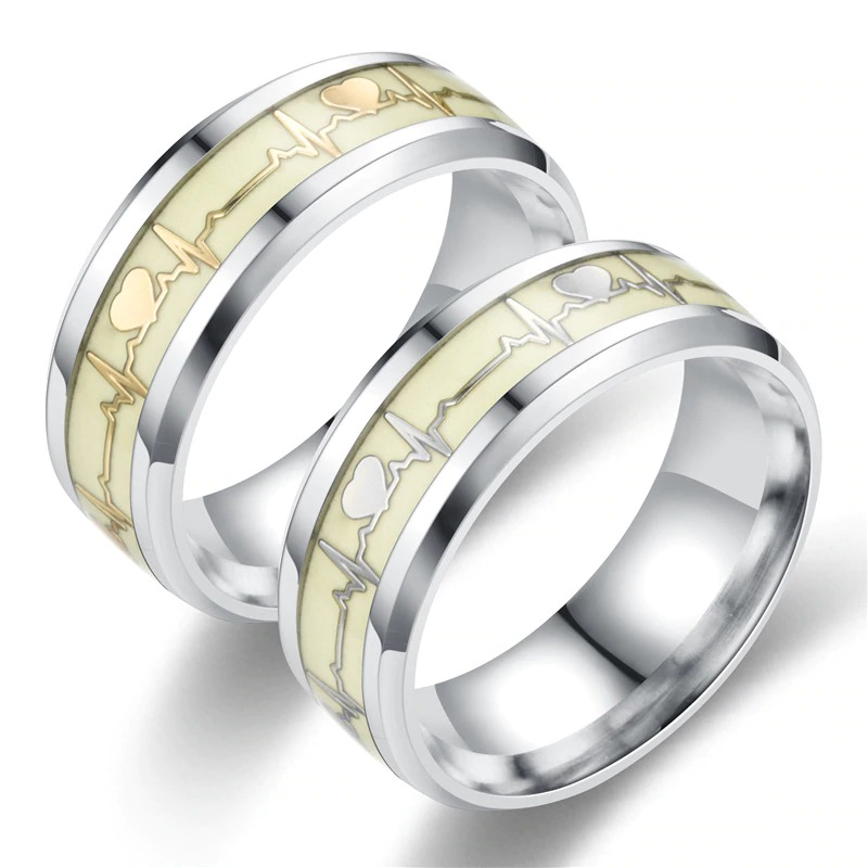 Gothic Stainless Steel Heart Cardio Line Luminous Rings showcasing gold and white designs with a silver finish.
