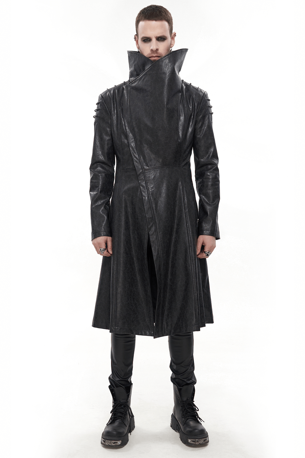 Men's Gothic stand collar long coat in faux leather, perfect for punk style fashion.