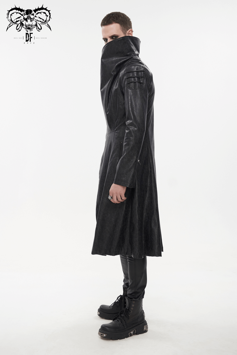 Gothic Stand Collar Long Coat for Men / Shoulders Strap Faux Leather Coat in Punk Style