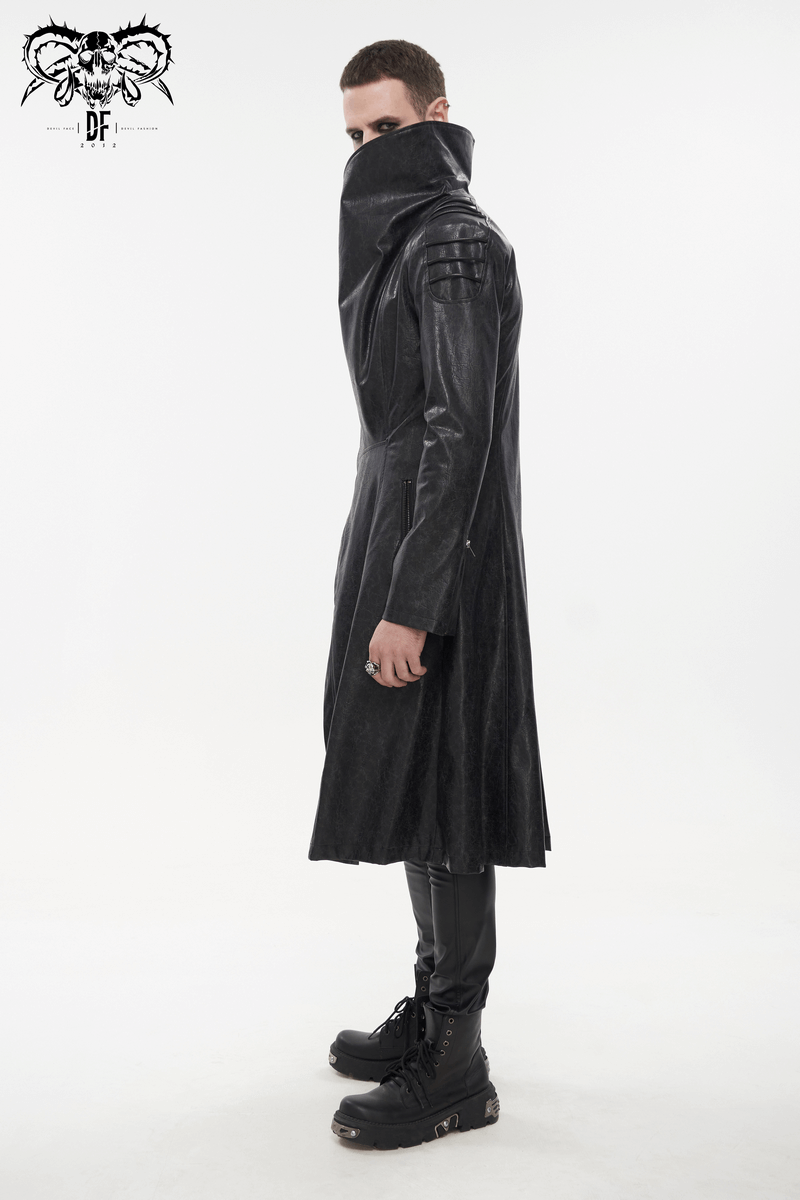 Gothic stand collar long coat for men, faux leather punk style, shown from the side, perfect for edgy fashion enthusiasts.