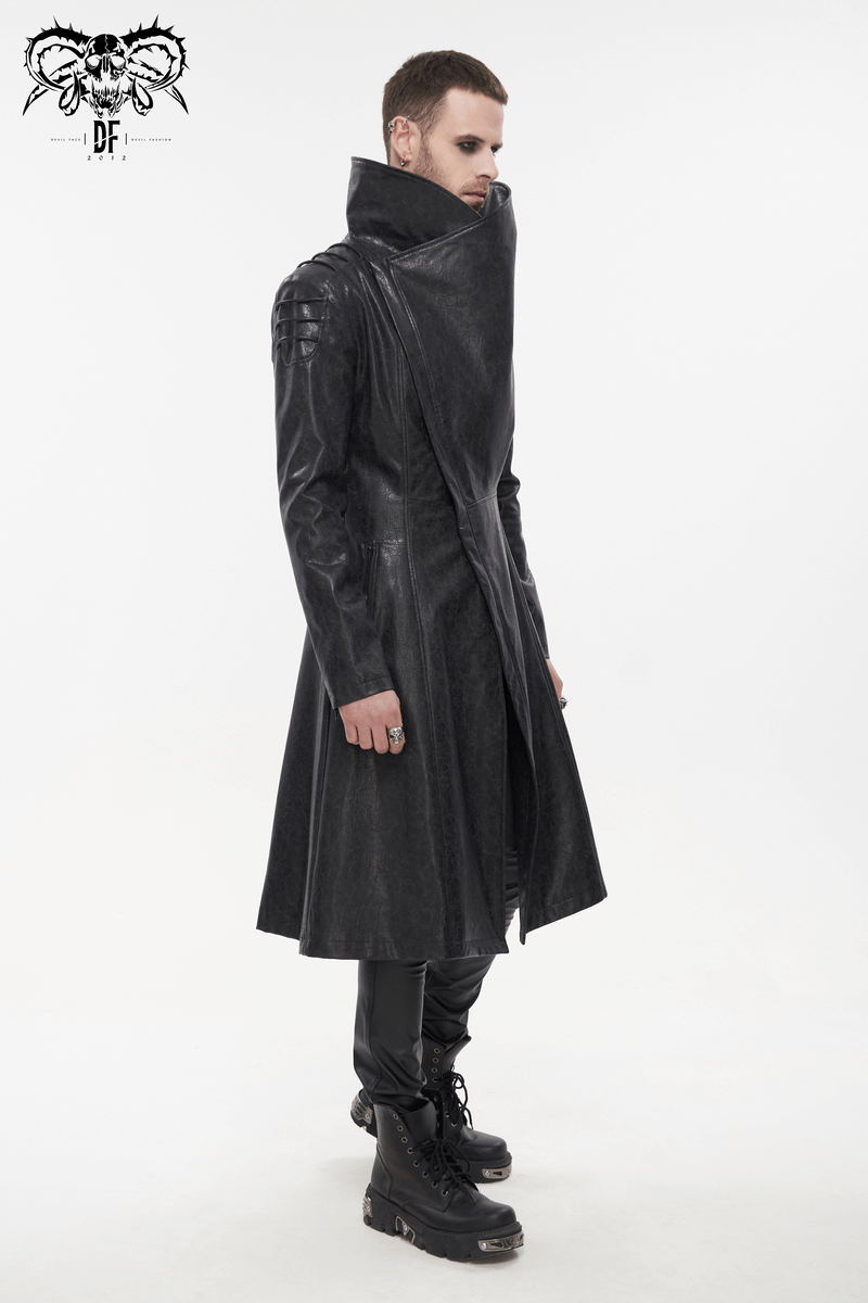 Punk style men's gothic stand collar coat in faux leather, featuring unique shoulder straps and a sleek silhouette.