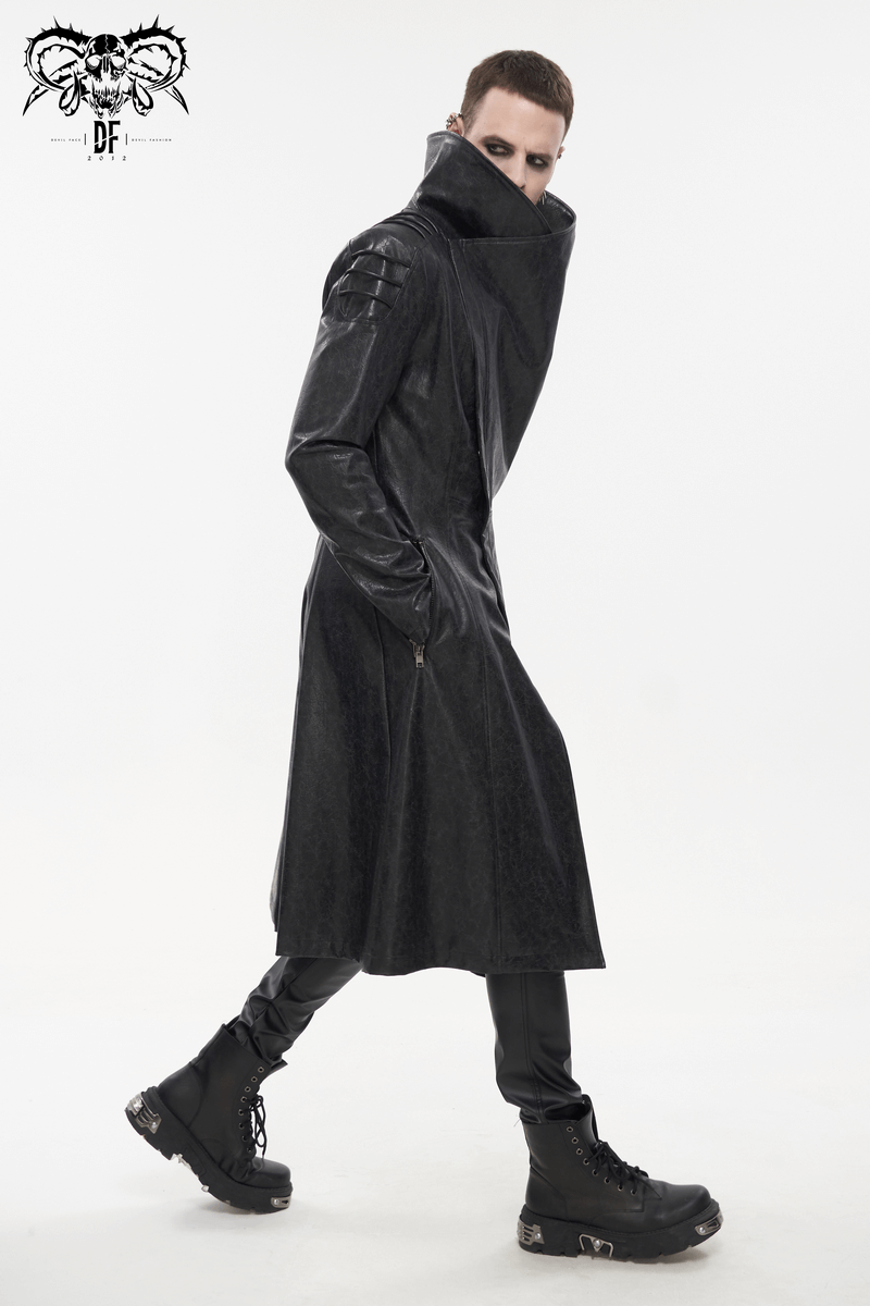 Men's Gothic stand collar long faux leather coat in punk style, perfect for a bold fashion statement.