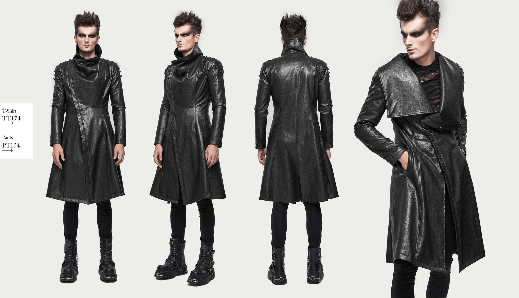 Gothic stand collar long coat for men in punk style, made of faux leather, displayed from multiple angles.