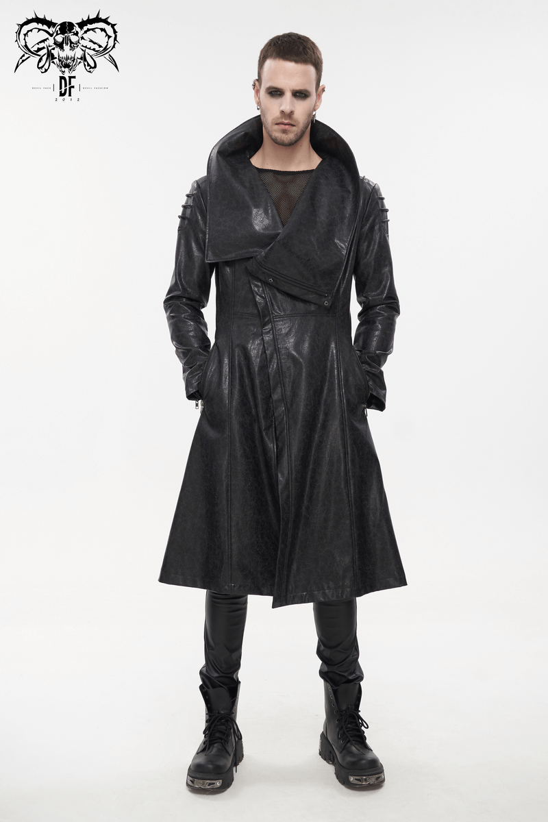 Men's Gothic faux leather long coat with stand collar and shoulder straps in punk style, perfect for edgy fashion.