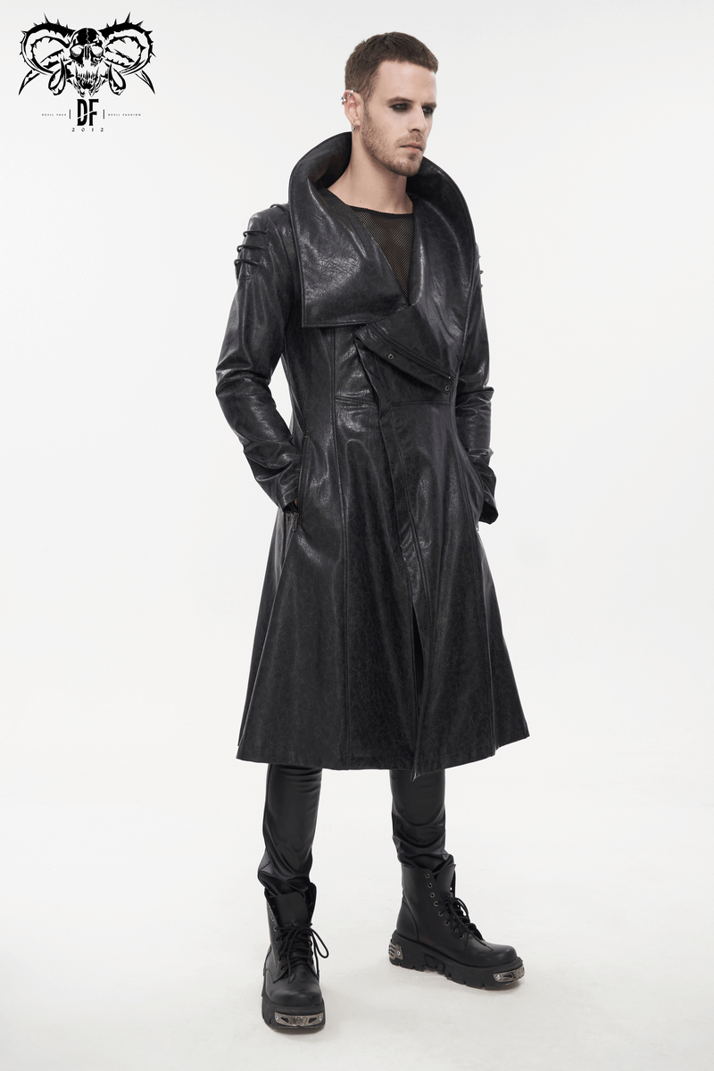 Men's Gothic stand collar faux leather coat in punk style, perfect for trendy dark fashion enthusiasts.