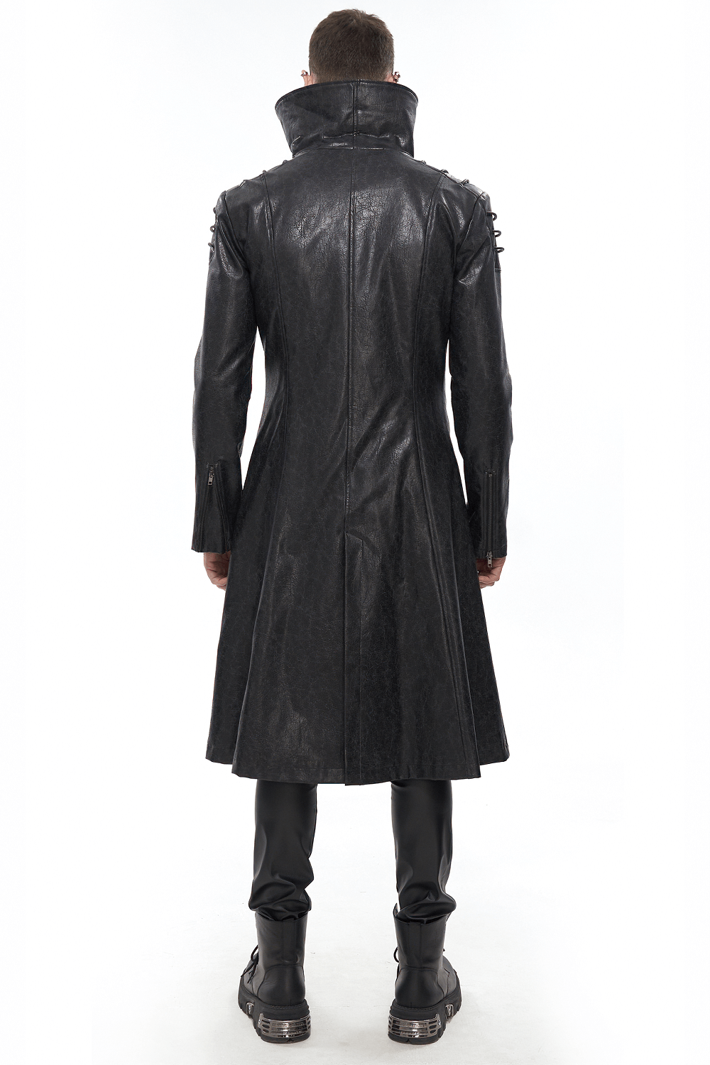 Men's Gothic stand collar long coat in faux leather, showcasing punk style with shoulder straps from the back.