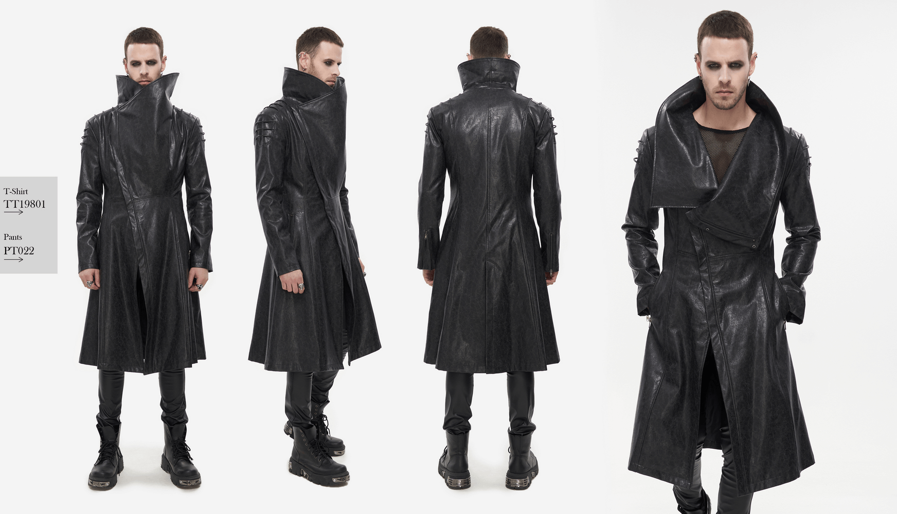 Gothic men’s faux leather coat with stand collar, showcasing a stylish punk look from multiple angles.