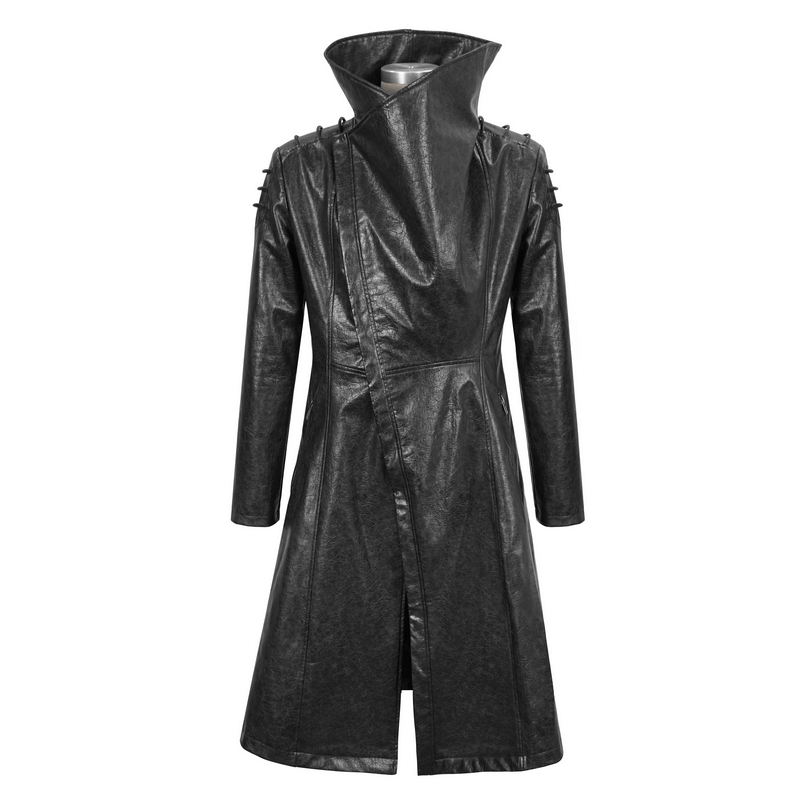 Gothic Stand Collar Long Coat for Men in faux leather with shoulder straps, perfect for punk style outfits.
