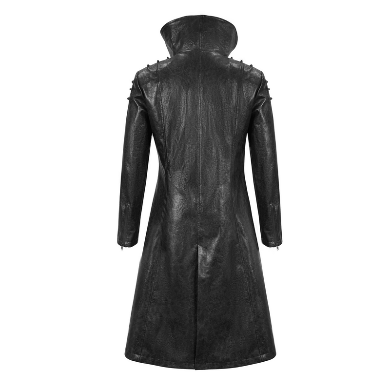 Back view of a Gothic stand collar long coat for men, featuring faux leather and shoulder straps in punk style.