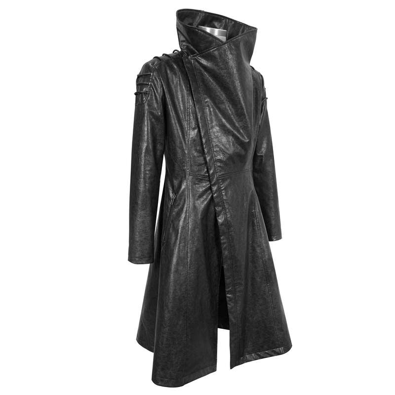 Stylish gothic stand collar long coat for men in faux leather, perfect for punk fashion enthusiasts.