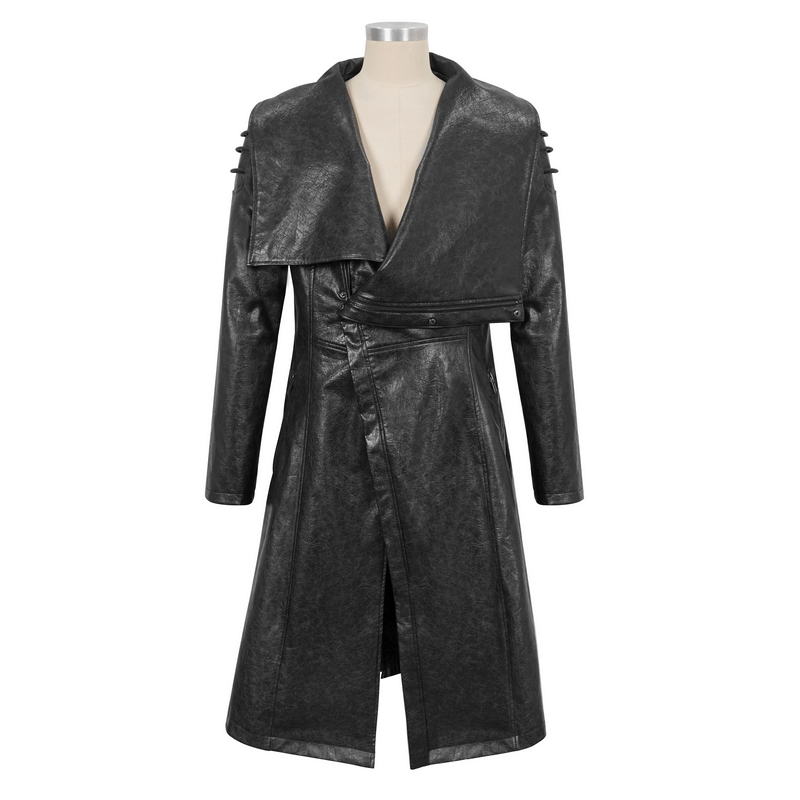 Gothic stand collar men's faux leather coat with shoulder straps in punk style, perfect for a bold fashion statement.