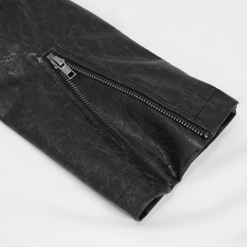 Close-up of the zipper detail on a gothic men's faux leather coat sleeve, showcasing its punk style.