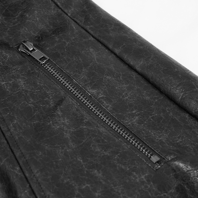 Close-up of the zippered detail on a gothic faux leather men's coat, showcasing punk style fashion craftsmanship.