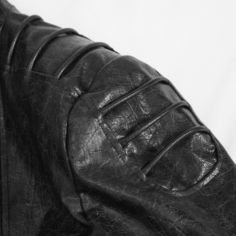 Close-up of the shoulder detailing on a Gothic faux leather men's coat featuring punk-style zippers.