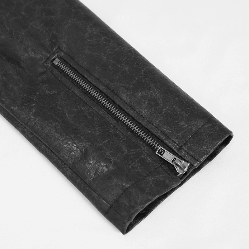 Close-up of the zippered cuff detail on a gothic faux leather men's coat for a punk style look.
