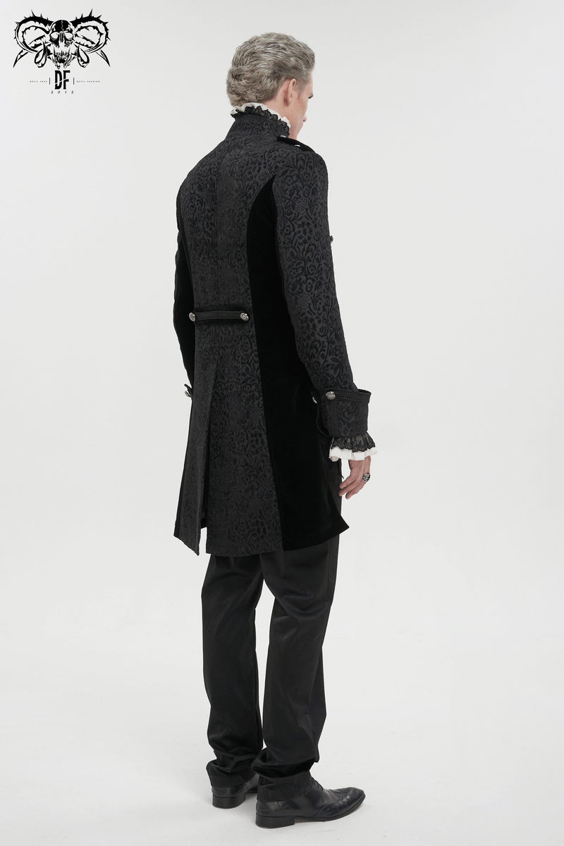 Men's gothic black tailcoat featuring intricate patterns and stylish back design, perfect for a unique retro look.