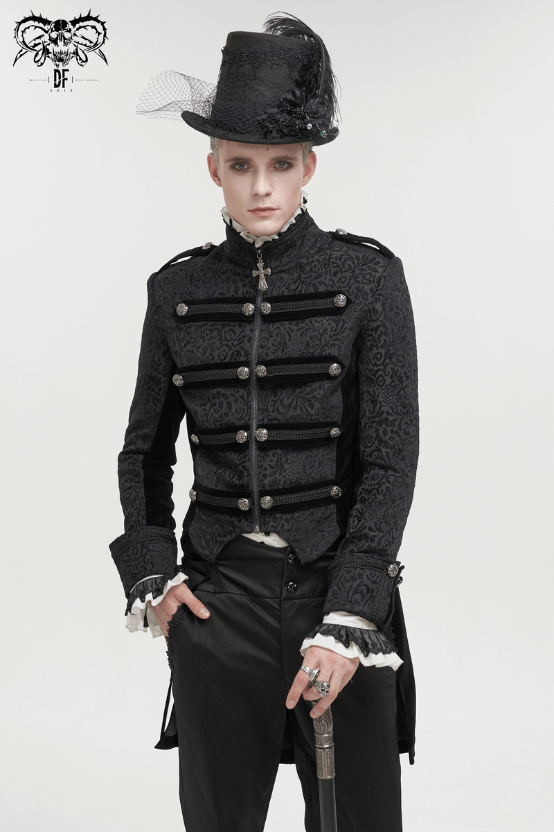 Gothic Stand Collar Patterned Tailcoat / Retro Buttons Black Coat for Men with Cross Pendant Zipper