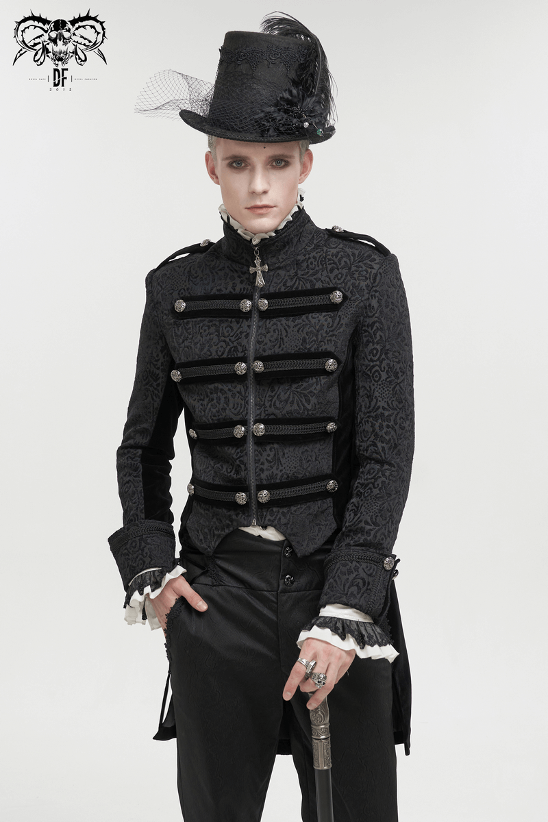 Gothic men's black tailcoat with retro buttons and stylish hat, perfect for a unique fashion statement.