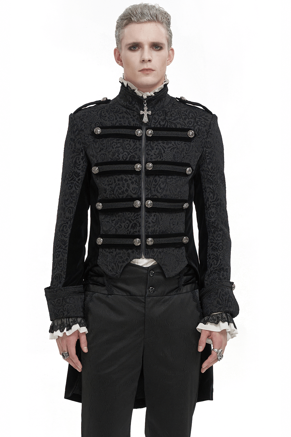 Men's gothic black tailcoat with cross pendant zipper and retro buttons, perfect for a stylish gothic wardrobe.