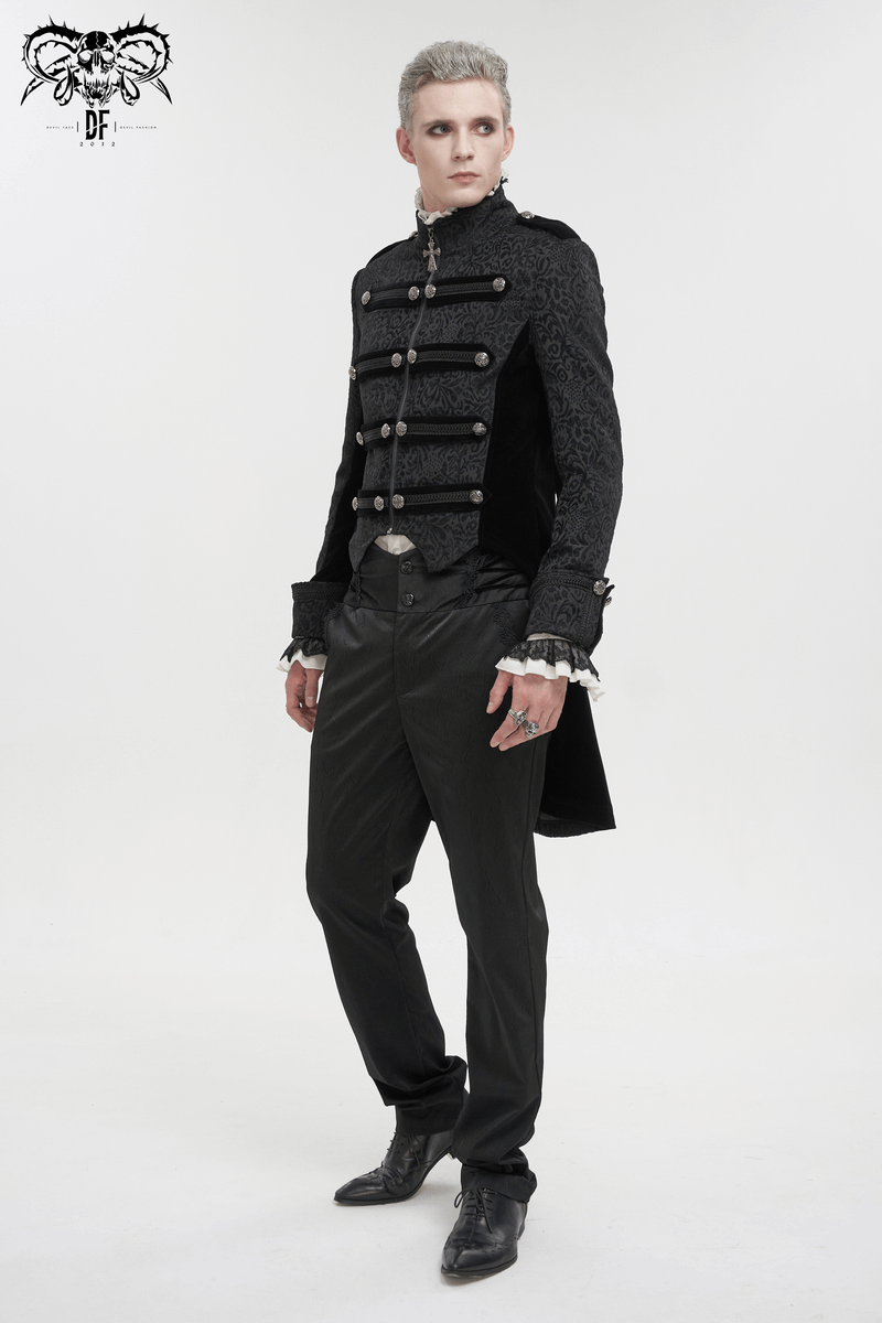 Stylish gothic men's black tailcoat with retro buttons and cross pendant zipper, perfect for a fashionable wardrobe.