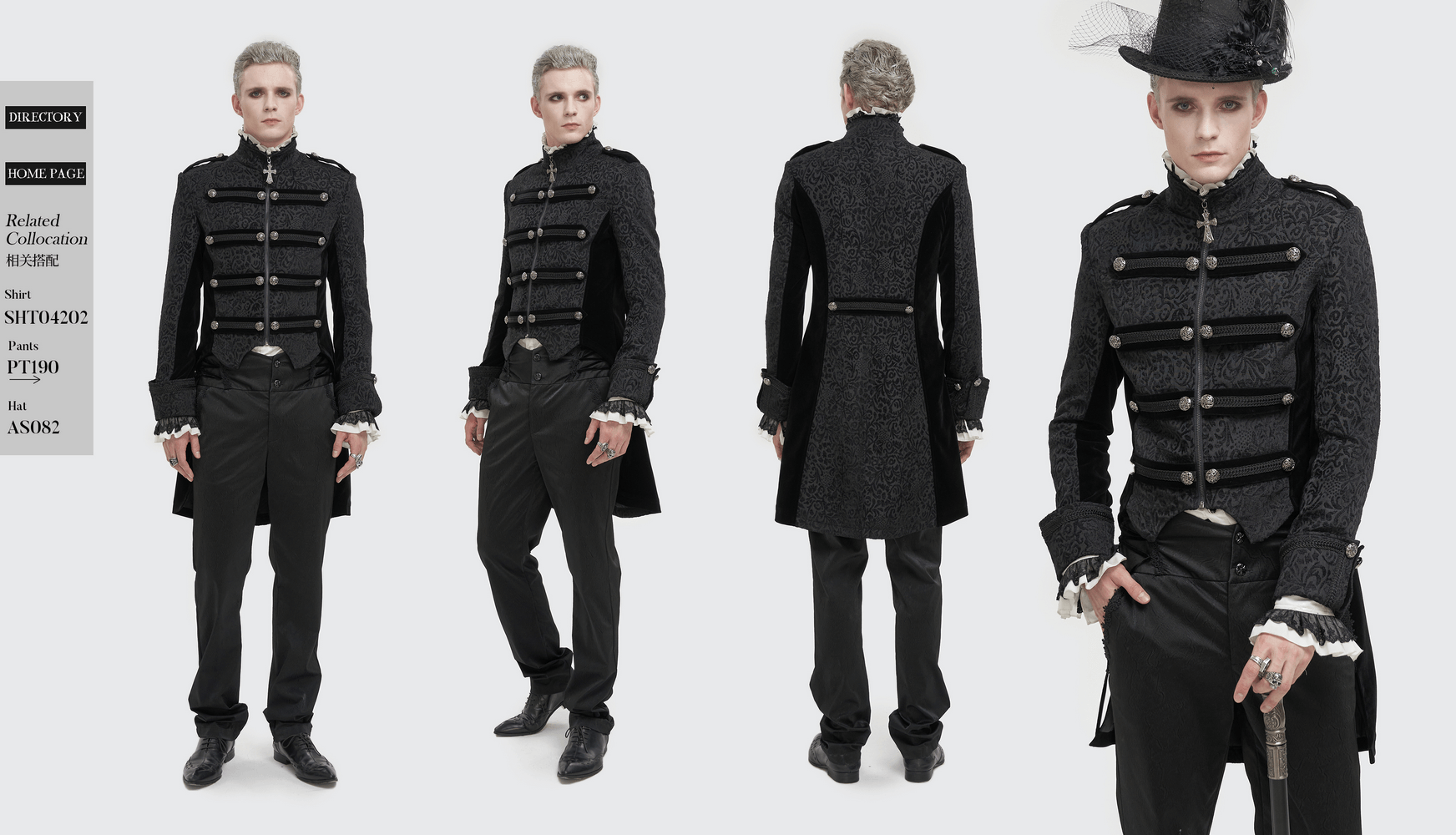 Gothic men's black tailcoat with stylish cut, cross pendant zipper, and elegant retro buttons, perfect for gothic wardrobe.