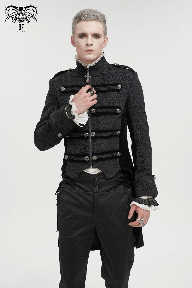 Men's gothic black tailcoat with retro buttons and cross pendant zipper, stylish and fashionable look.