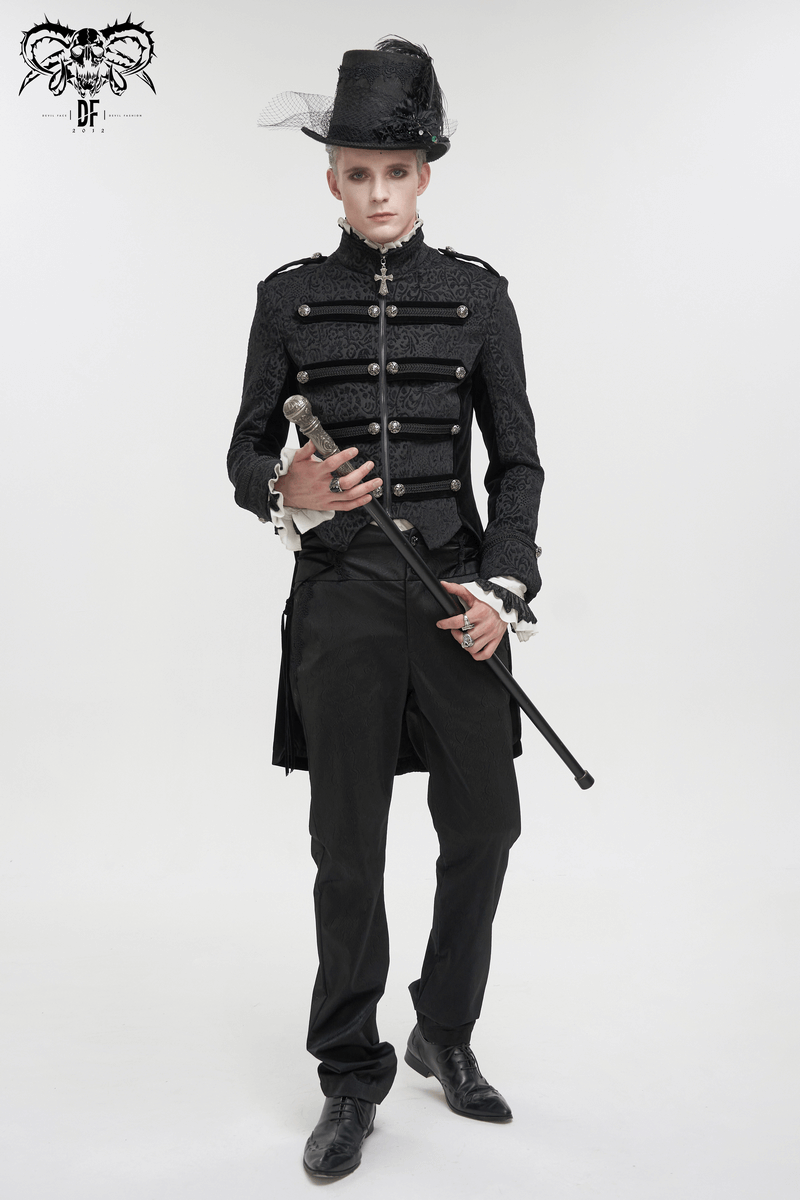 Stylish gothic man in black tailcoat with retro buttons and top hat, showcasing a fashionable gothic look.