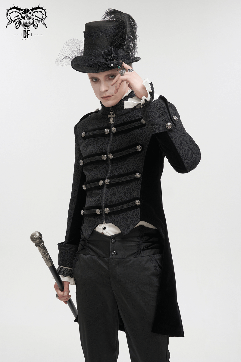 Gothic men's black tailcoat with retro buttons, stylish hat, and cane, showcasing elegant dark fashion.