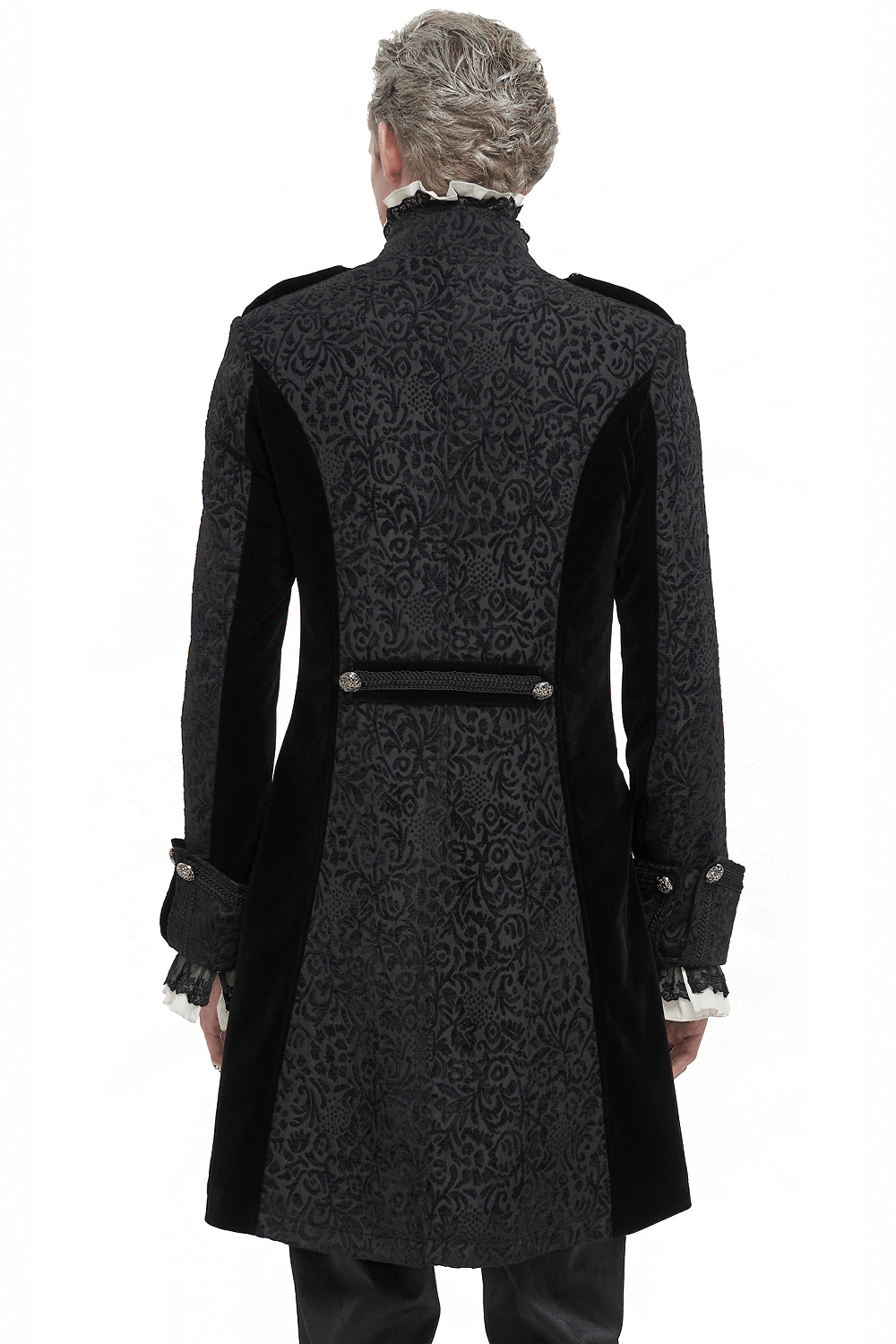 Back view of a black gothic tailcoat with patterned fabric and retro buttons for men.
