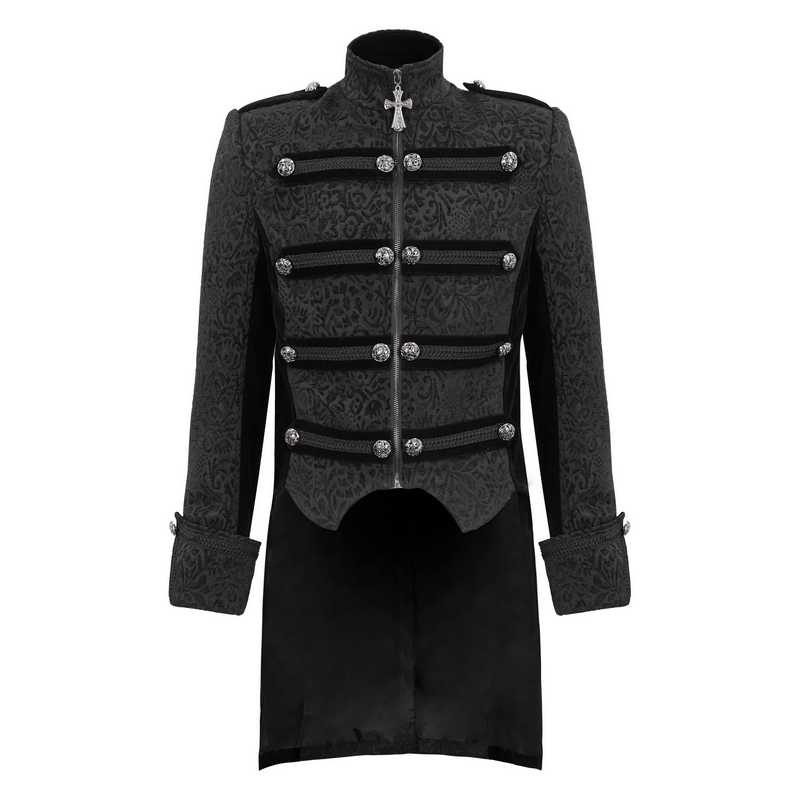 Gothic stand collar black tailcoat for men with cross pendant zipper and retro buttons.