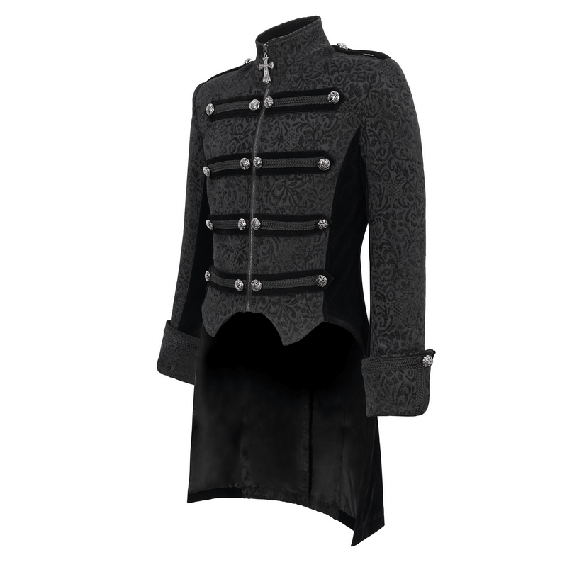 Gothic Stand Collar Patterned Tailcoat / Retro Buttons Black Coat for Men with Cross Pendant Zipper