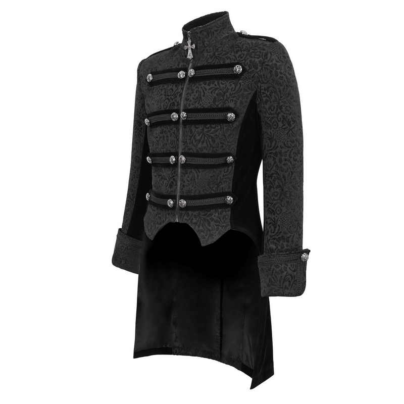 Stylish black gothic tailcoat with cross pendant zipper and retro buttons for men, perfect for a bold wardrobe.