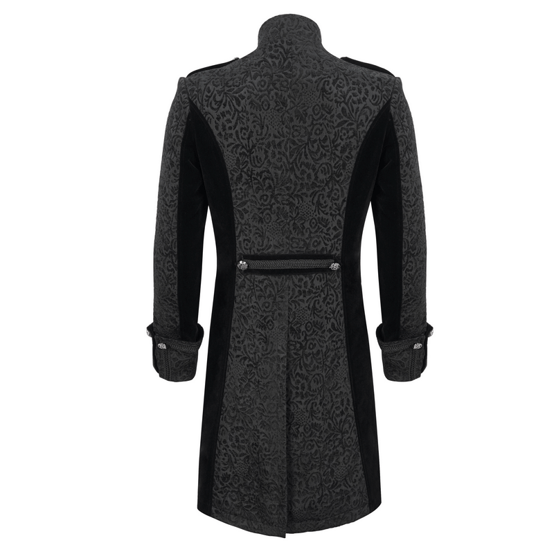 Stylish men's black gothic tailcoat with intricate pattern and buttons, showcasing a trendy cut from the back.