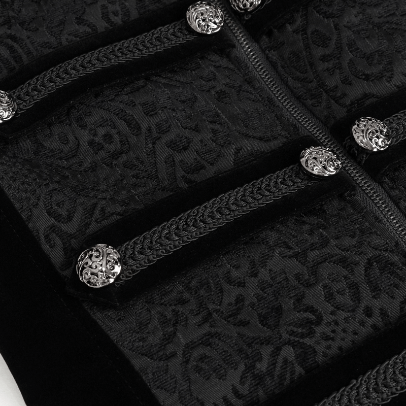 Close-up of gothic black tailcoat detail, featuring ornate retro buttons and cross pendant zipper.
