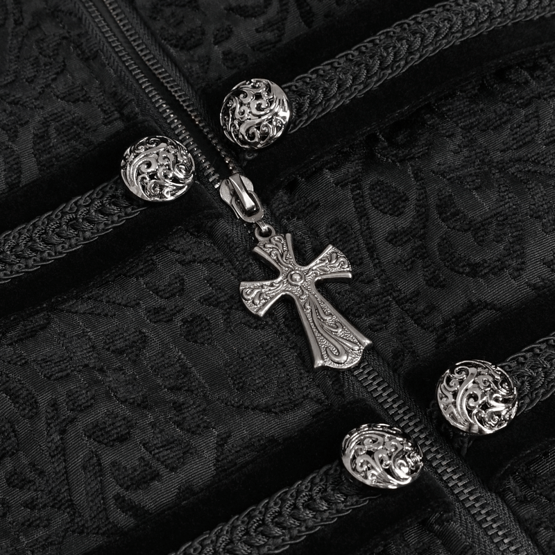 Close-up of black tailcoat zipper with ornate silver cross pendant and vintage-style buttons, perfect for gothic fashion.