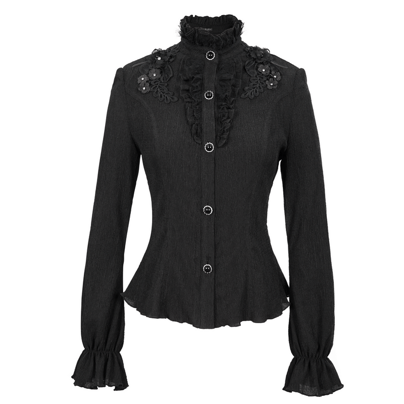 Elegant women's gothic stand collar blouse with appliqué and button details, perfect for stylish gothic wear.