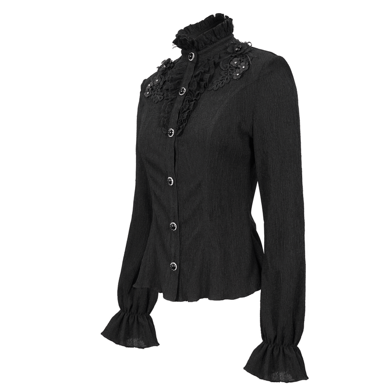 Gothic long sleeve blouse with stand collar and appliquéd design, elegant black shirt for women's fashion.