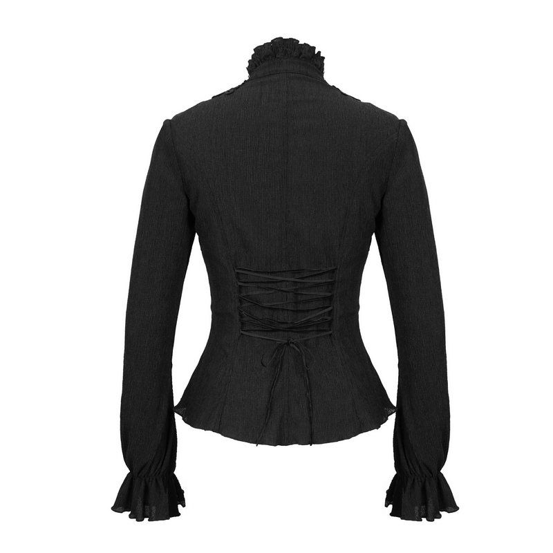 Back view of a stylish women's gothic stand collar blouse with ruffled sleeves and lace-up detailing.