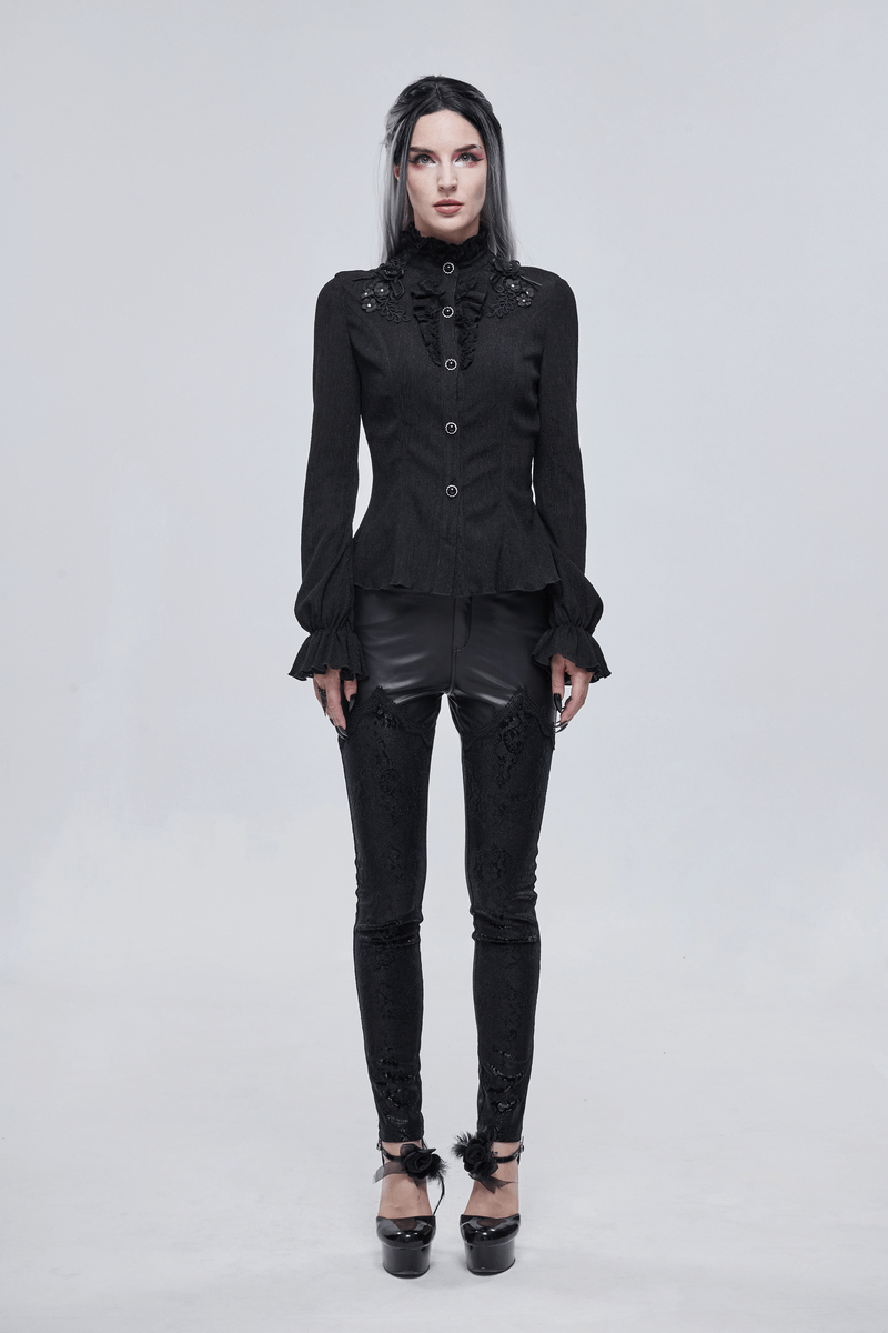 Gothic stand collar blouse with buttons, showcasing a stylish long sleeve design and appliquéd details.