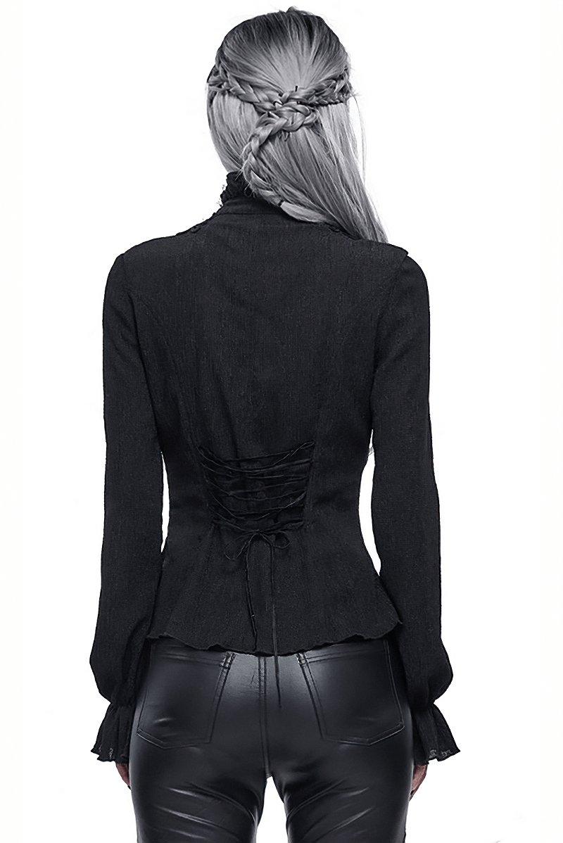 Back view of a women's gothic stand collar shirt with buttons, featuring a stylish lace-up design and long sleeves.