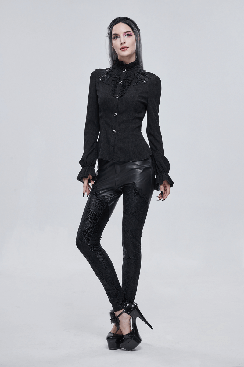 Stylish gothic long sleeve appliquéd blouse paired with unique black leggings, perfect for a chic gothic look.