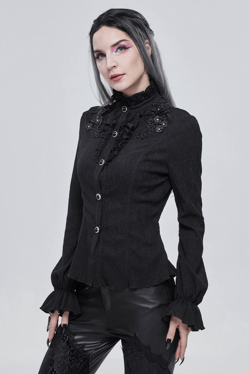 Gothic Stand Collar Shirts with Buttons / Women's Long Sleeves Appliqued Blouse