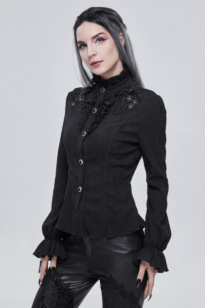 Gothic women's long sleeve appliquéd blouse with stand collar and buttons, perfect for a trendy gothic wardrobe.